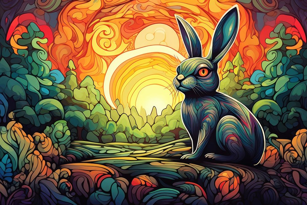 Rabbit in the garden in the style of graphic novel painting art cartoon.