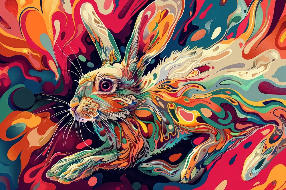 Rabbit racing quickly to Wonderland in the style of graphic novel painting art cartoon.
