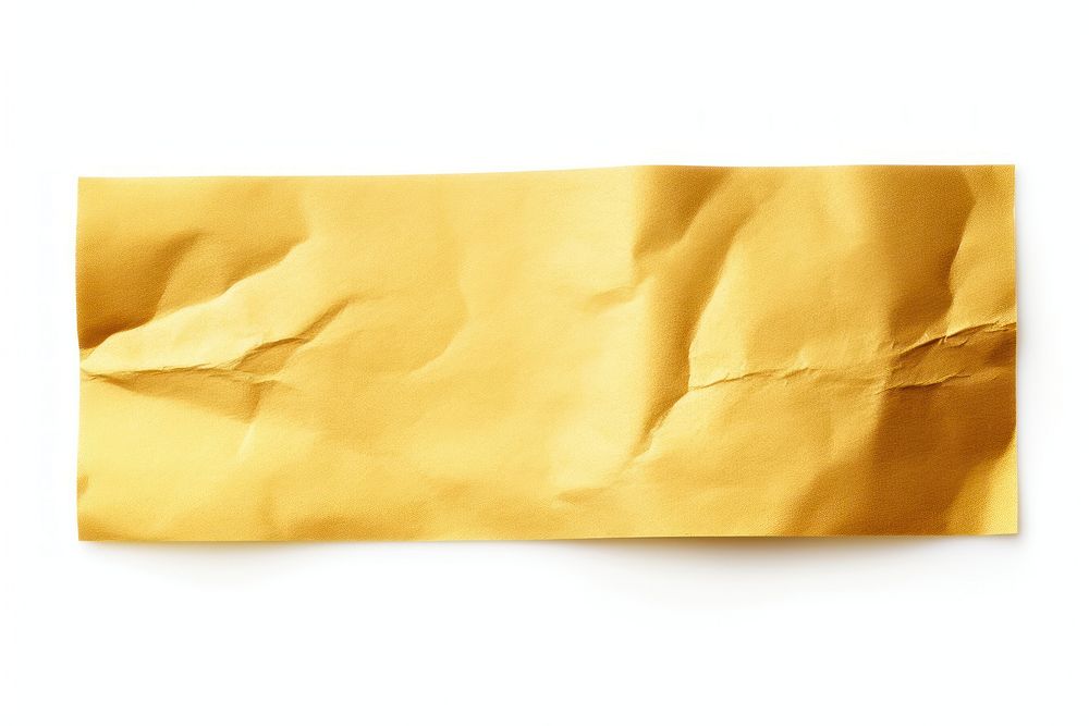 Gold paper adhesive strip white background crumpled wrinkled.