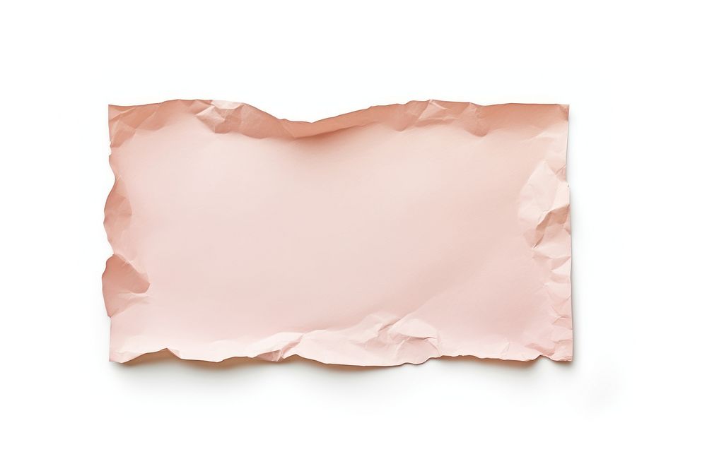 Ripped pink pastel paper white background rectangle crumpled.