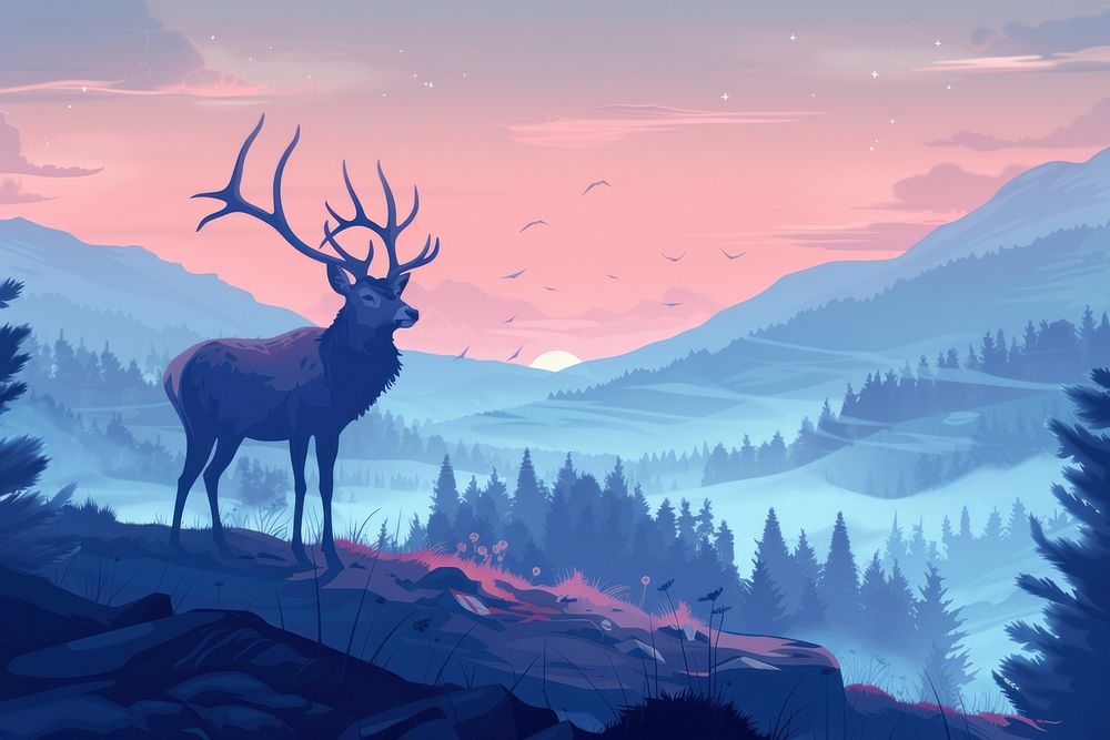 Red deer with big antlers stands on meadow on foggy morning wildlife outdoors cartoon.