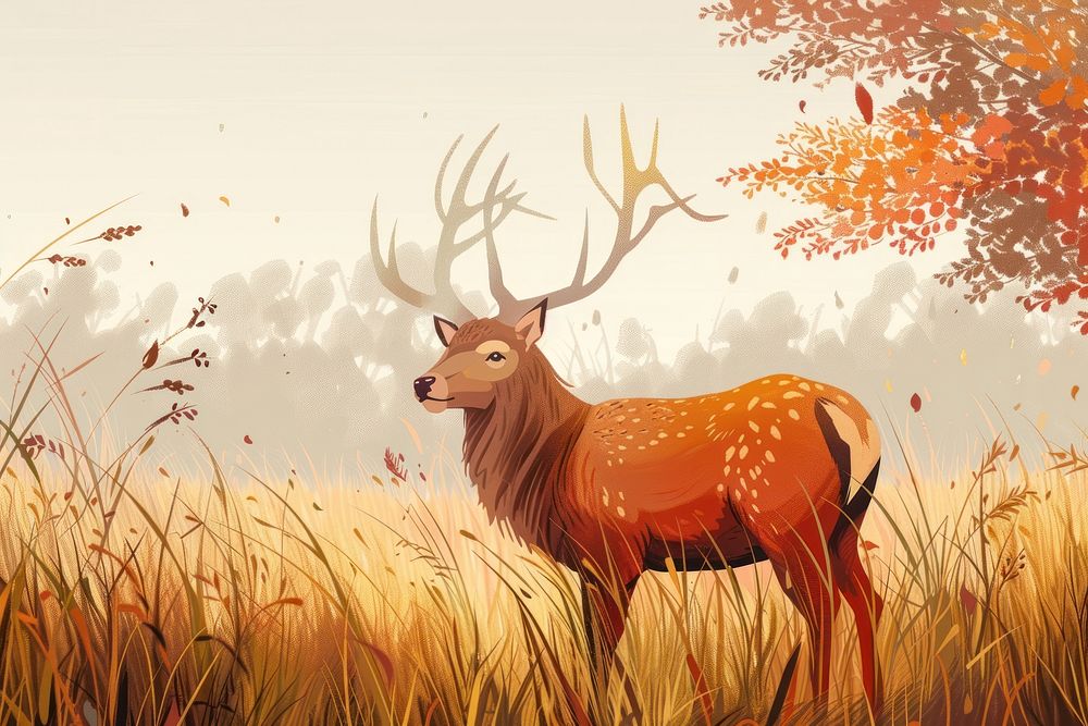 Red deer with big antlers stands on meadow on foggy morning wildlife cartoon animal.