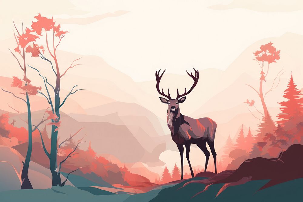 Red deer with big antlers stands on meadow on foggy morning wildlife cartoon animal.