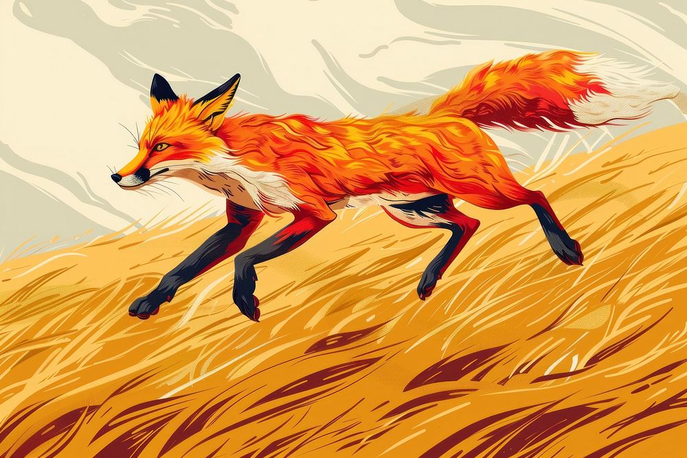 Red furry fox in a jump for prey in a dry yellow field in the style of graphic novel cartoon animal mammal.