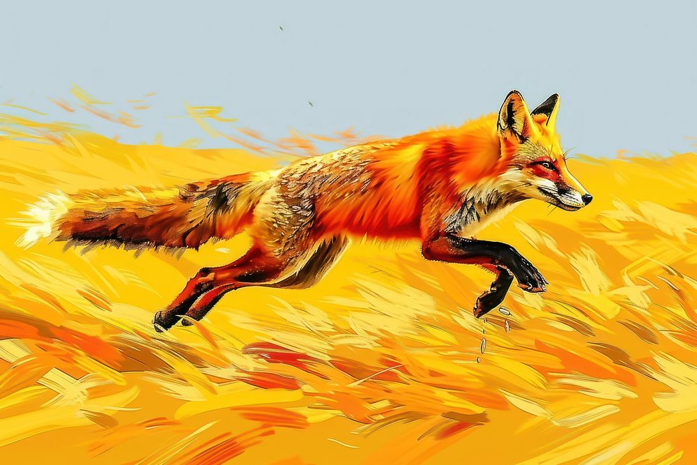 Red furry fox in a jump for prey in a dry yellow field in the style of graphic novel wildlife cartoon animal.