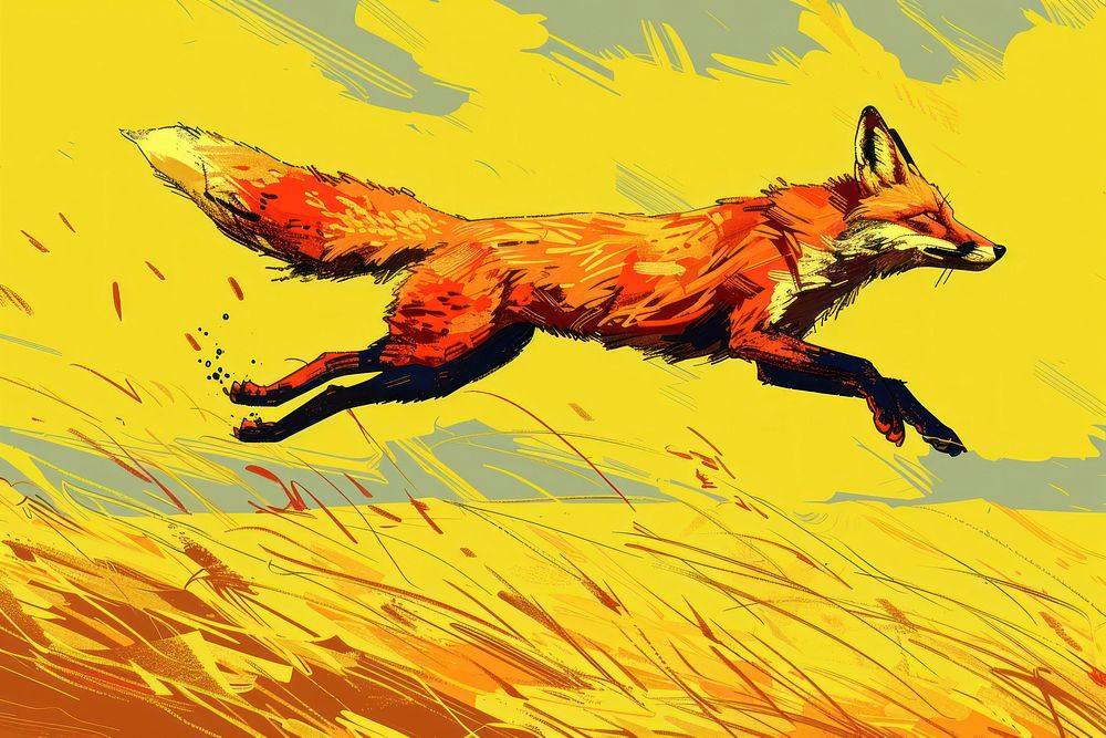Red furry fox in a jump for prey in a dry yellow field in the style of graphic novel cartoon animal mammal.