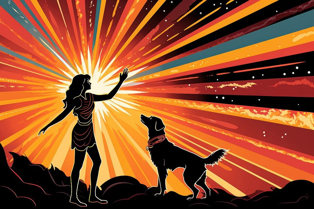 Woman giving high-five to dog in the style of graphic novel graphics cartoon mammal.