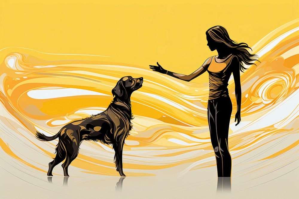 Woman giving high-five to dog in the style of graphic novel cartoon animal mammal.