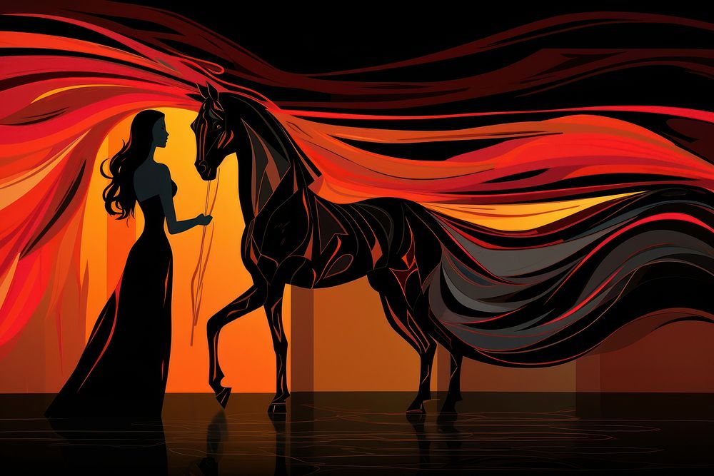 Woman in black dress standing with horse in dark room in the style of graphic novel graphics cartoon mammal.