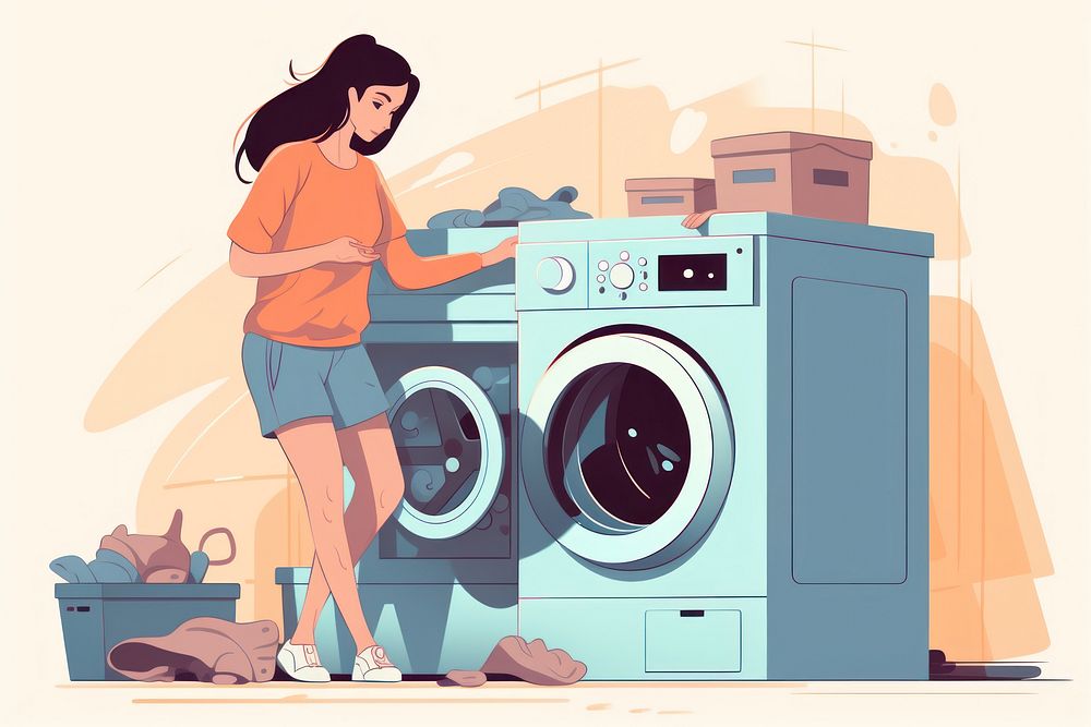 Laundry machine woman loading appliance dryer.