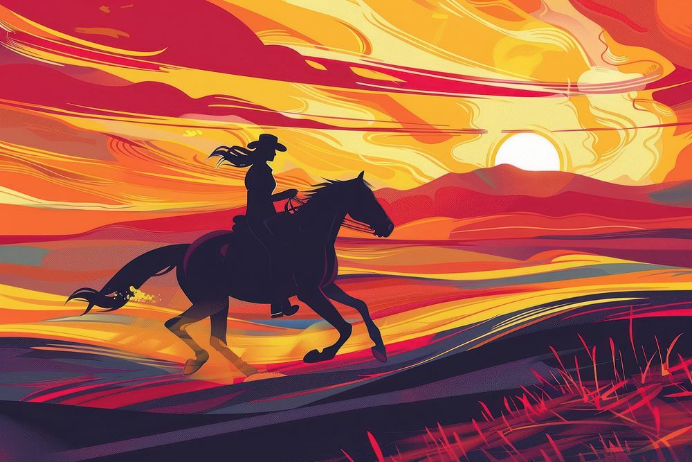 Woman riding horse in countryside during sunset in the style of graphic novel outdoors graphics cartoon.