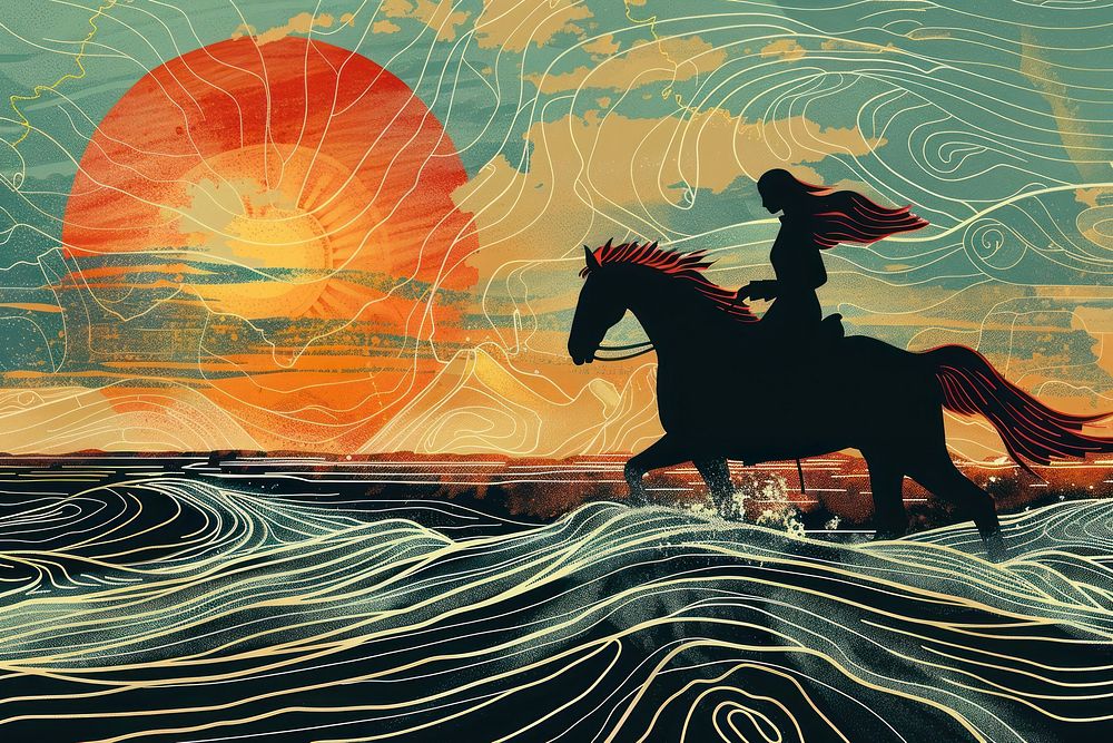 Woman riding horse in countryside during sunset in the style of graphic novel art painting cartoon.