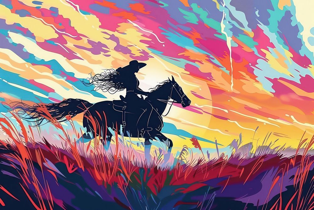 Woman riding horse in countryside during sunset in the style of graphic novel painting graphics cartoon.