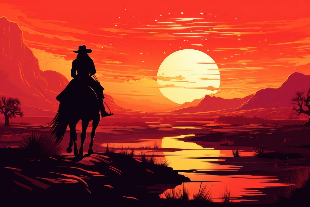 Woman riding horse in countryside during sunset in the style of graphic novel outdoors cartoon nature.