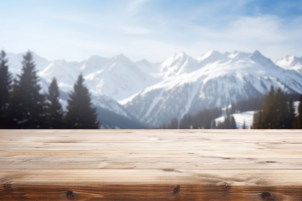 Wooden old desk snow wood landscape.