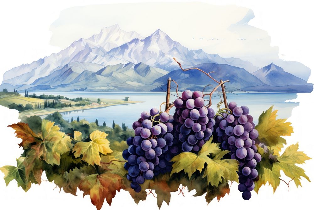 Vineyard painting grapes mountain.