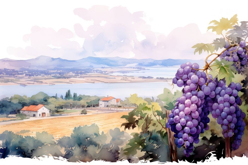 Vineyard painting grapes landscape.