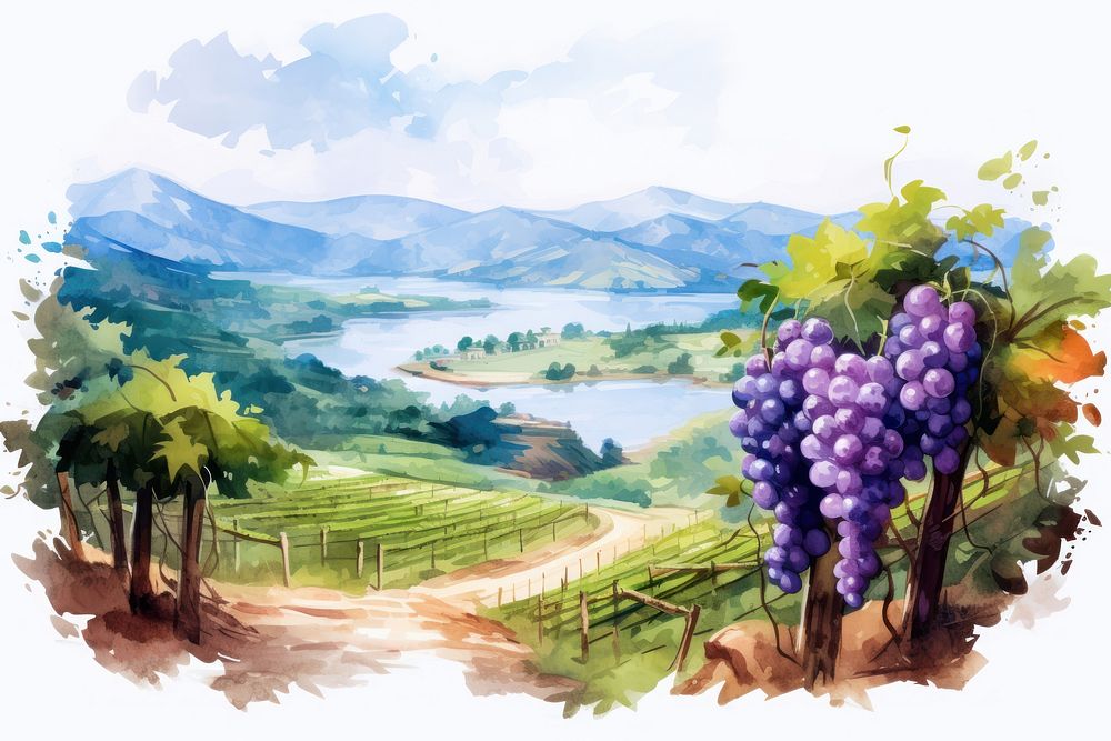 Vineyard painting grapes landscape.