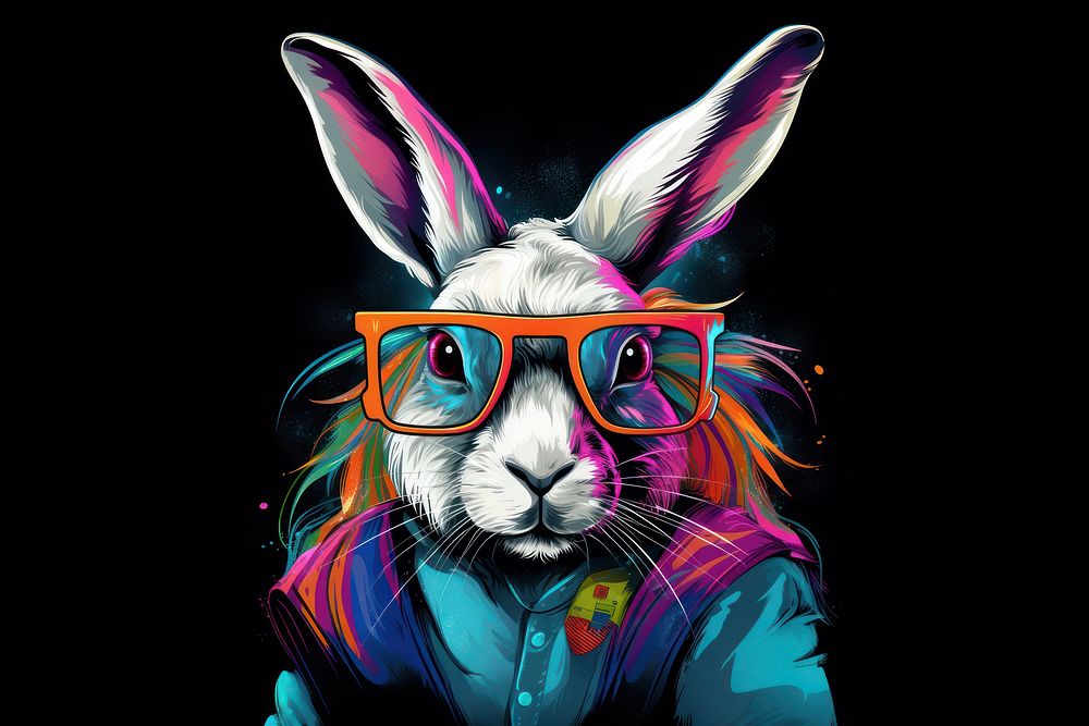 White rabbit wearing glasses with a book in the style of graphic novel cartoon mammal animal.