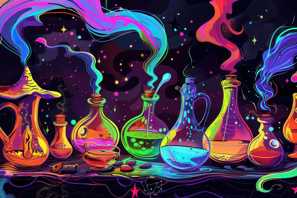 Witches frog and potions in the style of graphic novel painting graphics cartoon.