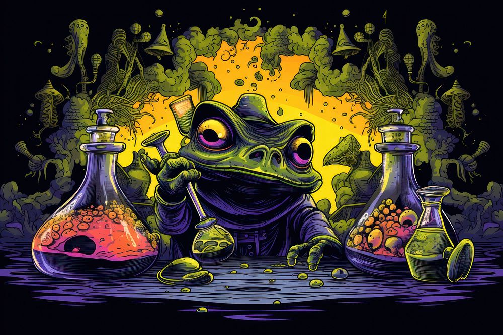 Witches frog and potions in the style of graphic novel amphibian cartoon representation.