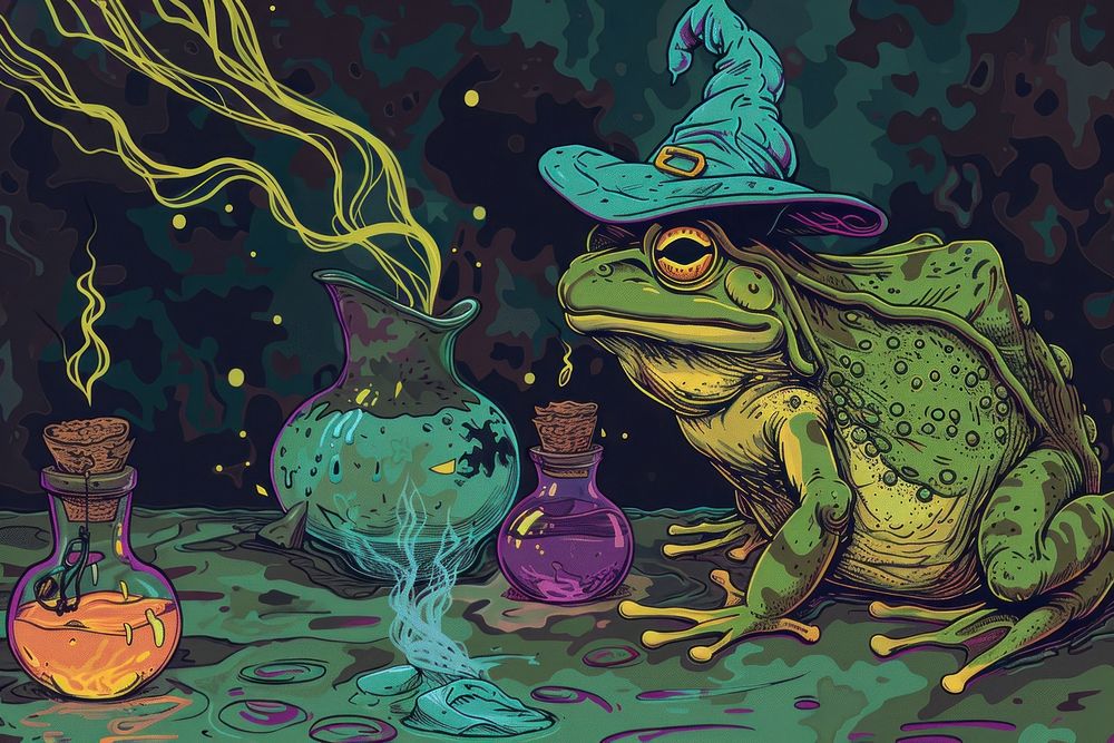 Witches frog and potions in the style of graphic novel art amphibian painting.