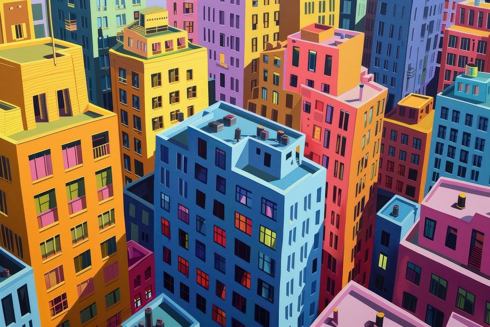 The buildings are brightly coloured city architecture metropolis.