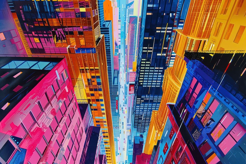 The buildings are brightly coloured city architecture cityscape.