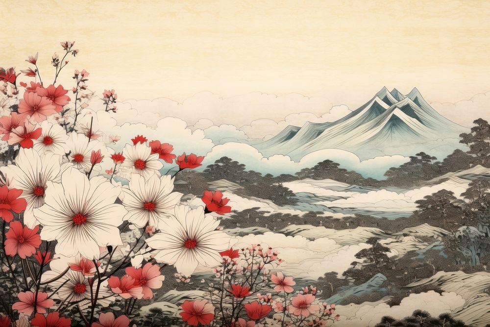 Ukiyo-e art print style Cosmos flower backgrounds painting.