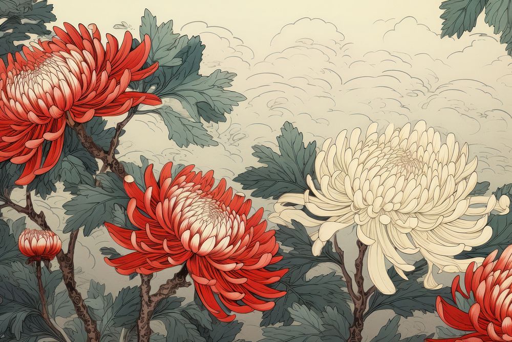 Ukiyo-e art print style Chrysanthemum flower backgrounds pattern.