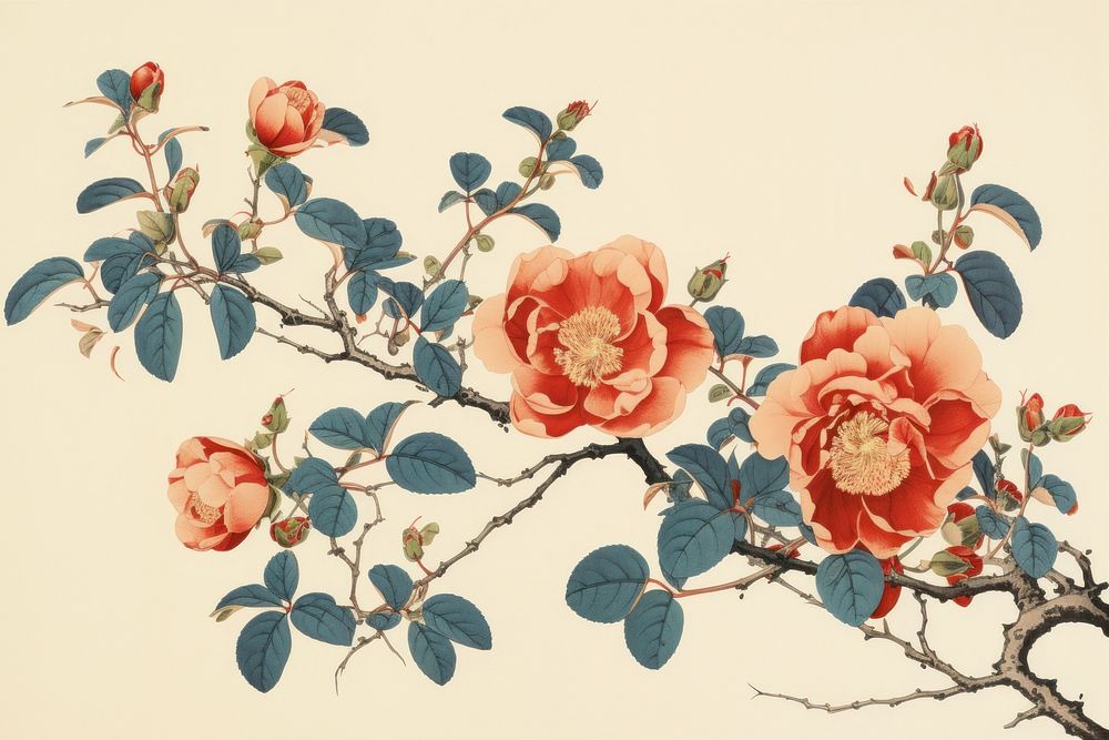 Ukiyo-e art print style Climbing Rose flower rose blossom.