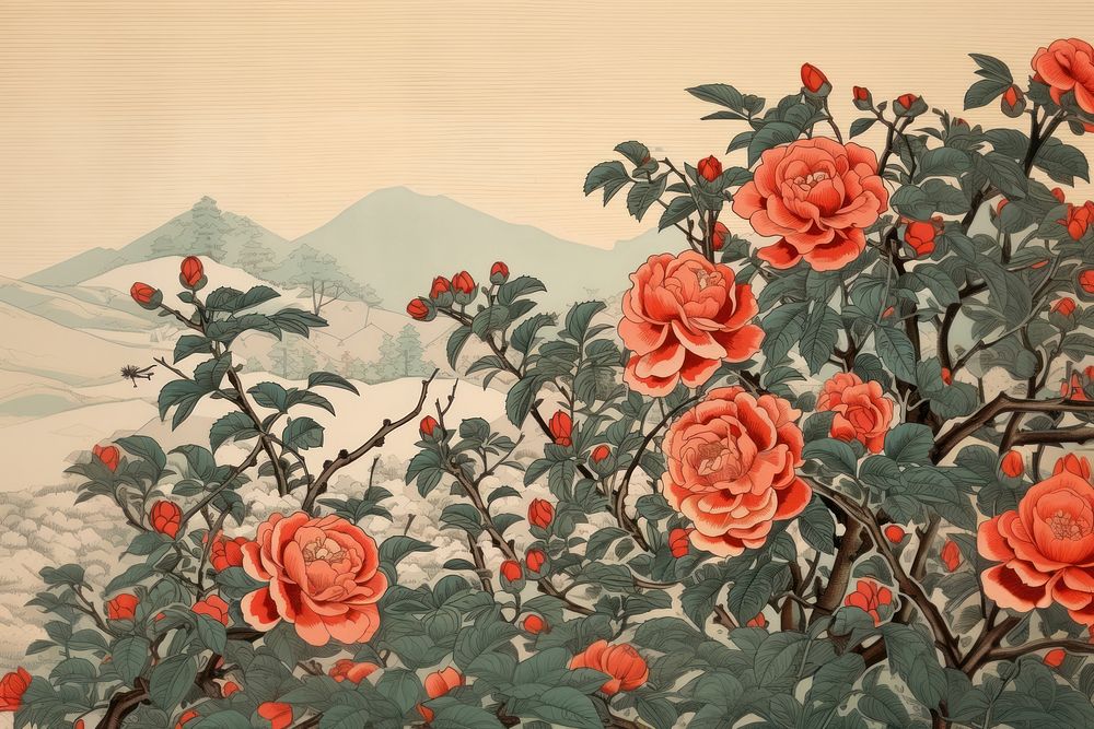 Ukiyo-e art print style Climbing Rose flower rose painting.