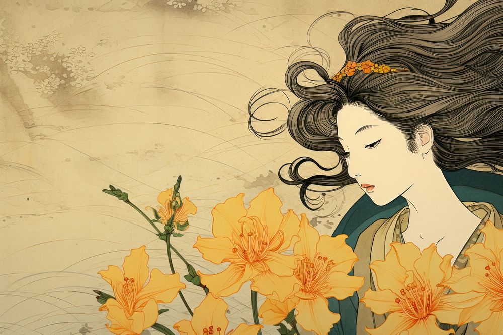 Ukiyo-e art print style Daffodil flower painting drawing.