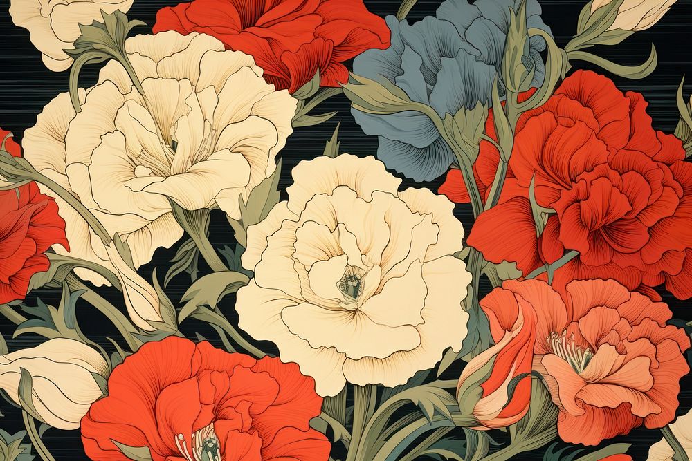 Ukiyo-e art print style Eustoma flower backgrounds pattern.