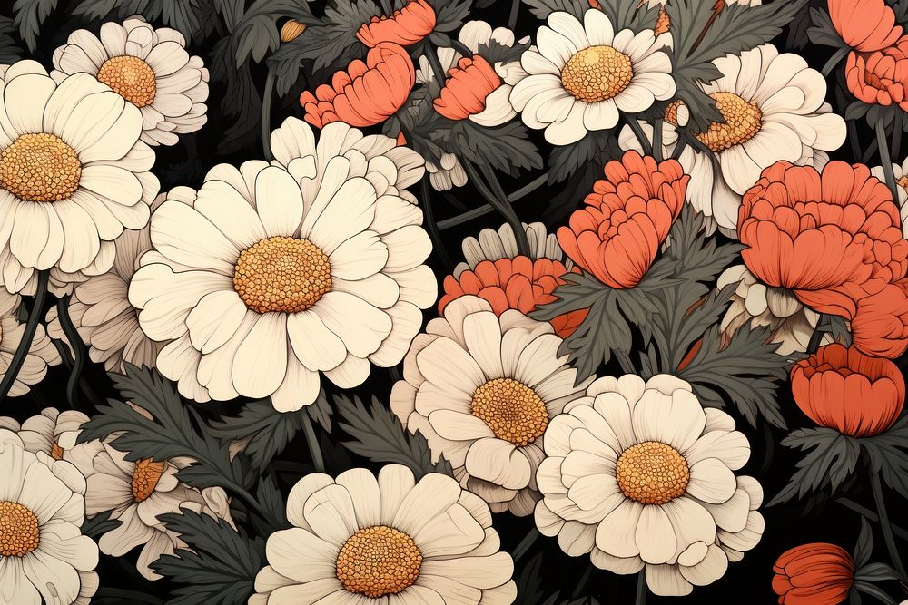 Ukiyo-e art print style Feverfew flower backgrounds pattern.