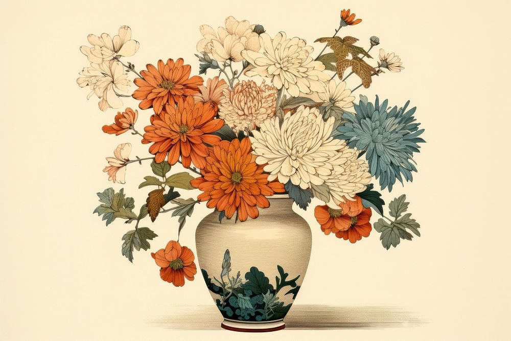 Ukiyo-e art print style Flower vase flower painting pattern.