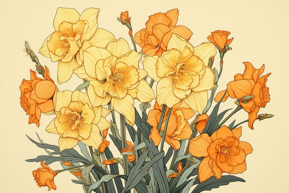 Ukiyo-e art print style flower daffodil plant.