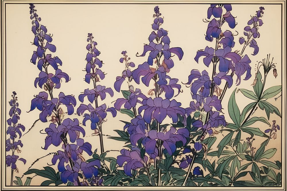 Ukiyo-e art print style flower purple plant.