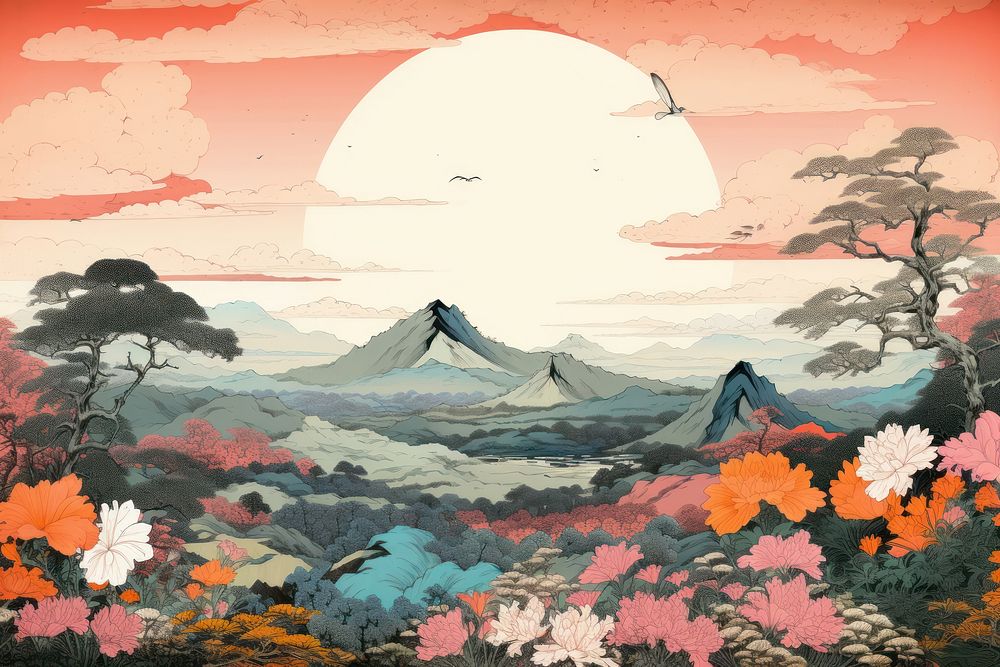 Ukiyo-e art print style landscape mountain outdoors.