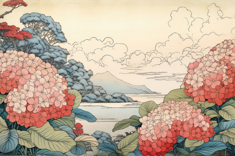 Ukiyo-e art print style flower landscape painting.