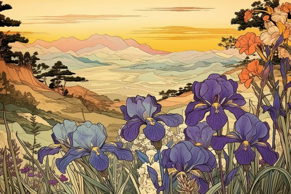 Ukiyo-e art print style flower landscape outdoors.