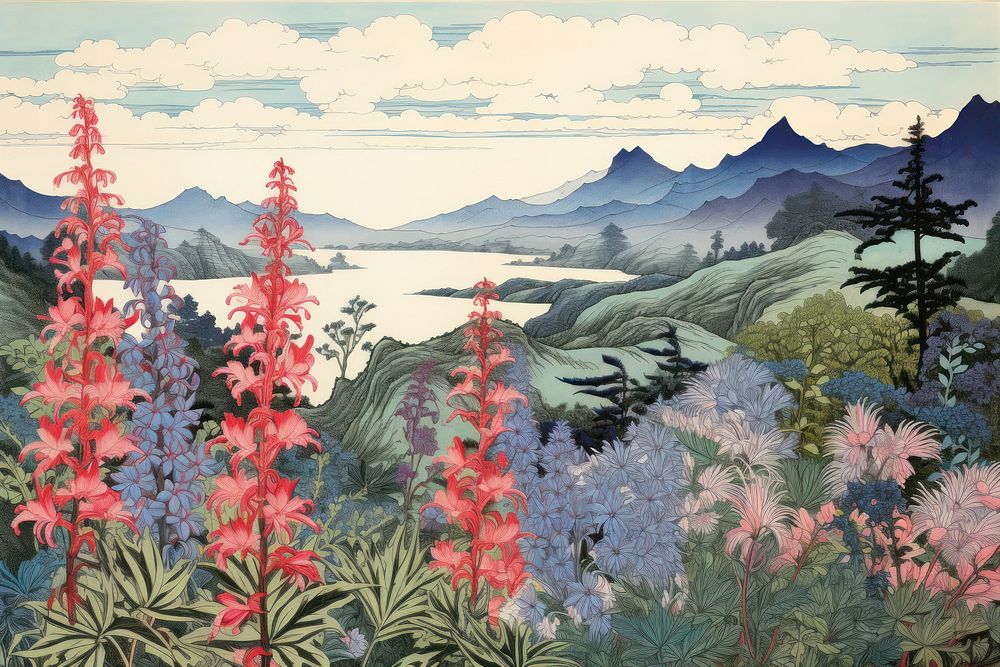 Ukiyo-e art print style landscape flower mountain.