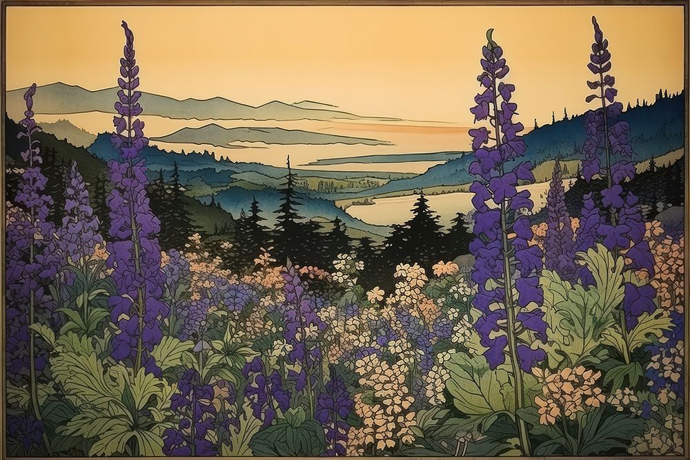 Ukiyo-e art print style landscape flower wilderness.