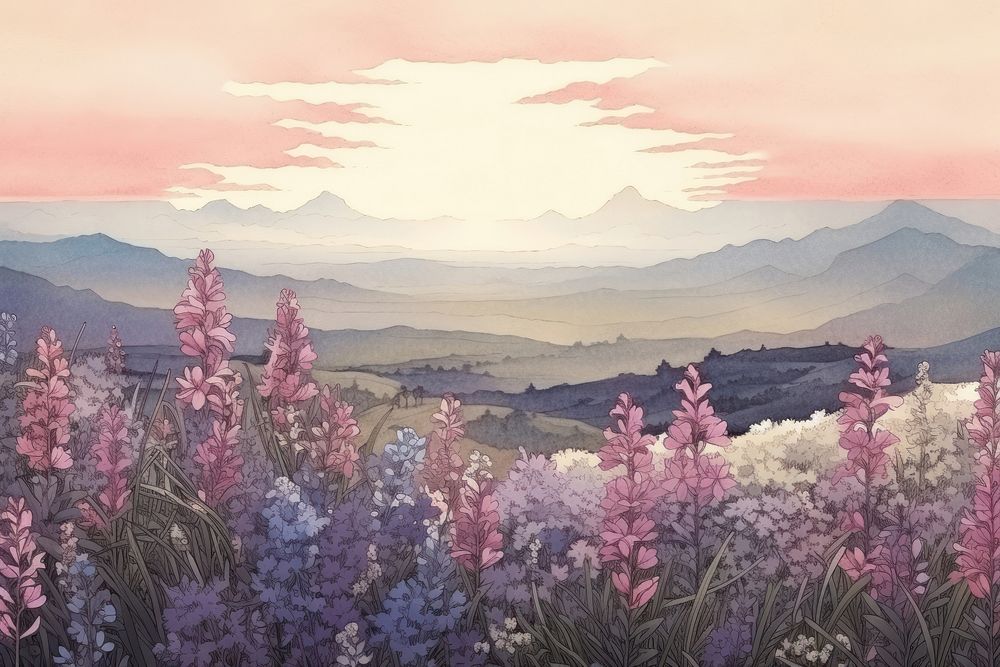 Ukiyo-e art print style landscape flower mountain.