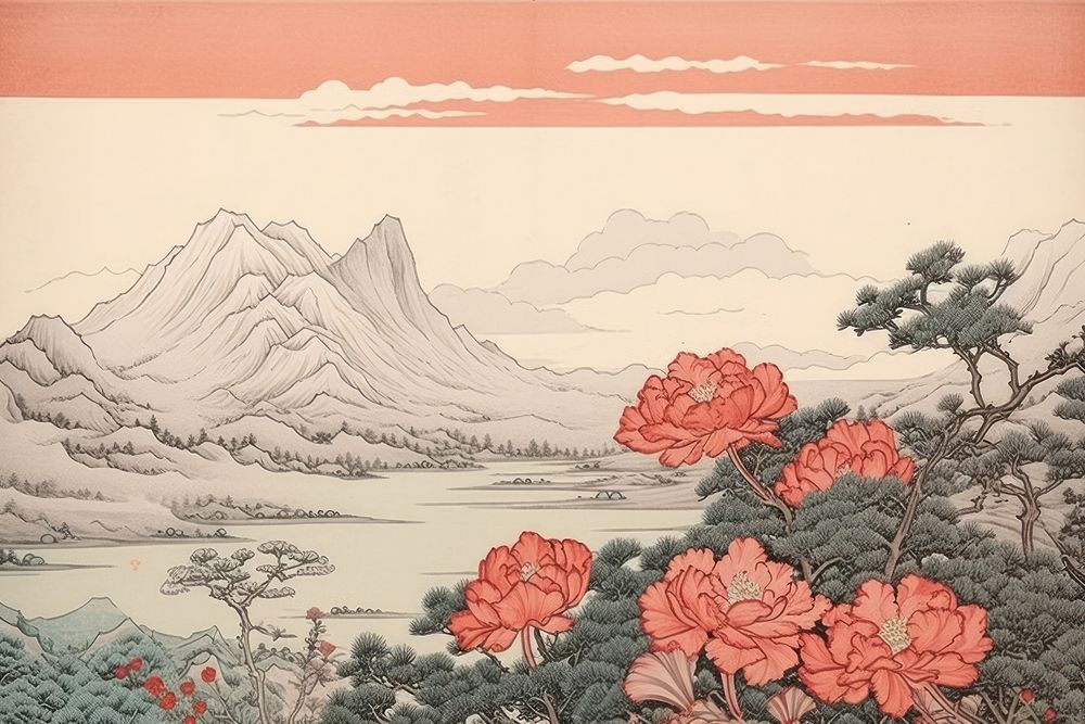 Ukiyo-e art print style flower landscape pattern.