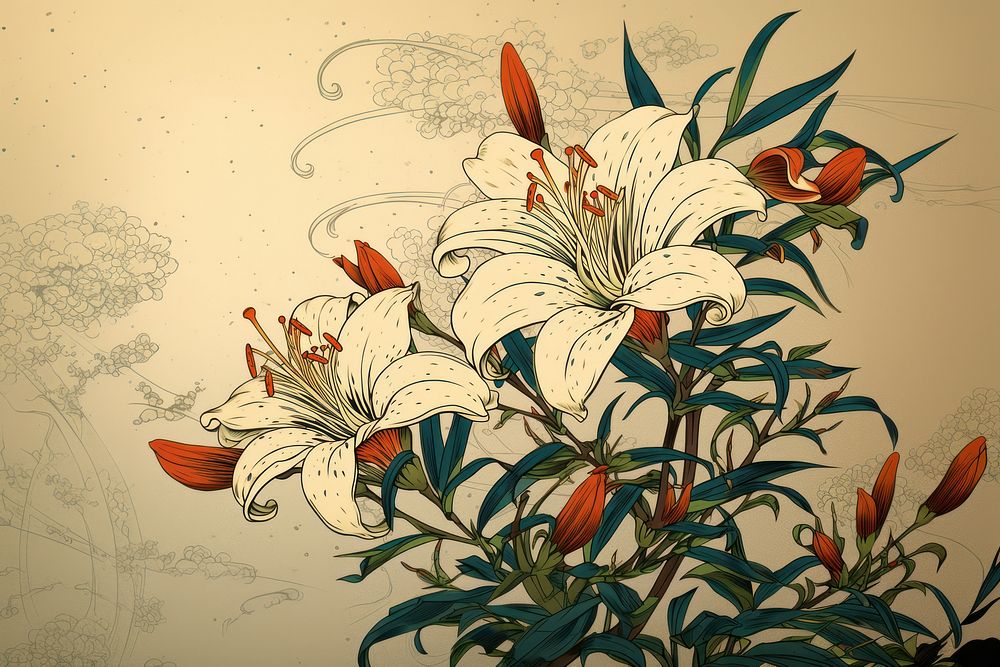 Ukiyo-e art print style Lily flower plant lily.