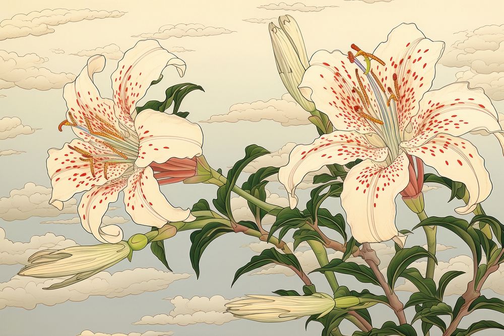 Ukiyo-e art print style Lily flower lily pattern.