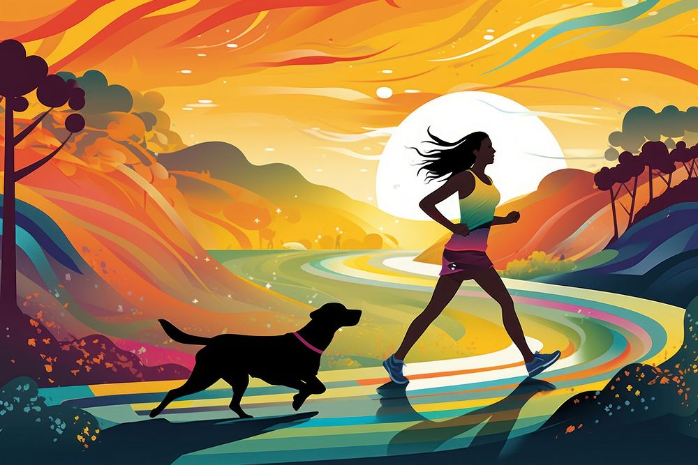 Young woman with dog runing in park outdoors graphics cartoon.