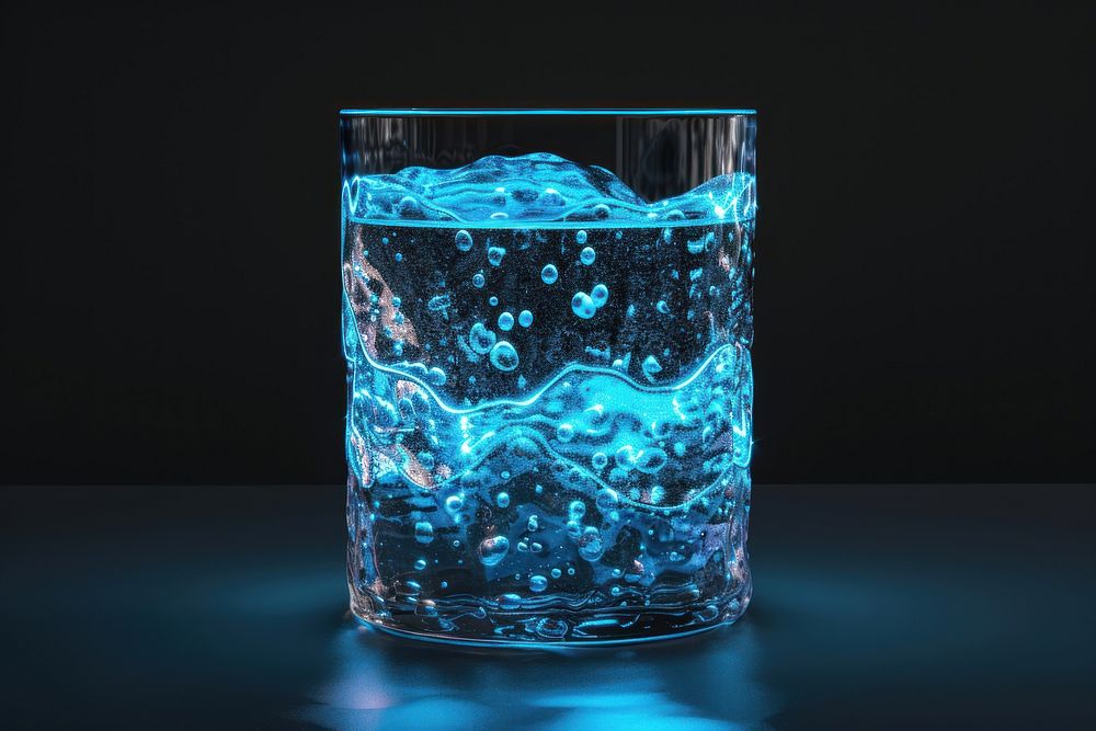 3d render of glowing water glass black background transparent.