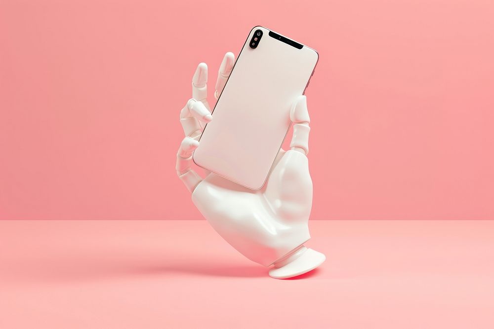 3D white smooth prosthetic hand holding phone and case pink pink background electronics.
